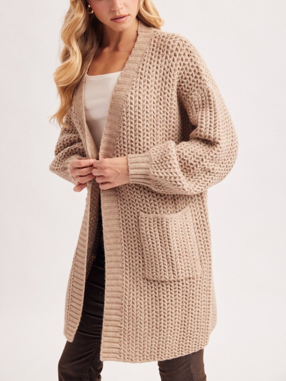 Open-front Waffle Chunky Knit Cardigan - Picture 5 of 12